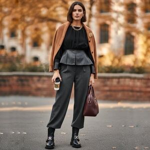 Gracia Black Faux Leather Peplum Blouse